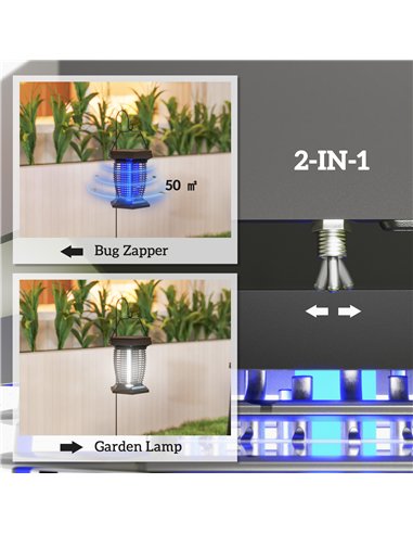 Outsunny 2-in-1 Electric Fly Zapper with UVA Light, Hanging Garden Lantern, Solar and USB-DC Rechargeable Insect Mosquito Bug Za
