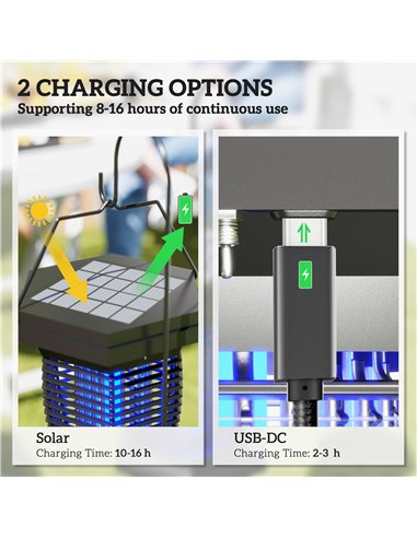 Outsunny 2-in-1 Electric Fly Zapper with UVA Light, Hanging Garden Lantern, Solar and USB-DC Rechargeable Insect Mosquito Bug Za