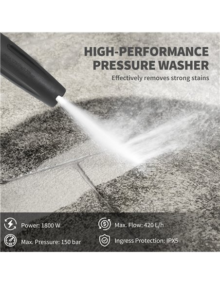 Outsunny 1800W High Pressure Washer, 150 Bar Pressure, 420 L/h Flow, Portable Power Washer Jet Wash Cleaner with Adjustable Nozz - pic 156987 | FastDaddyshop