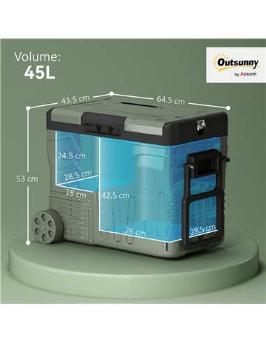 Outsunny 45L Camping Fridge Freezer Dual Zone, Portable Car Fridge 12V/24V DC & 100-240V AC, Electric Cool Box -20℃-20℃ with Whe