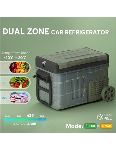 Outsunny 33L Camping Fridge Freezer Dual Zone, Portable Car Fridge 12V/24V DC & 100-240V AC, Electric Cool Box -20℃-20℃ with Whe