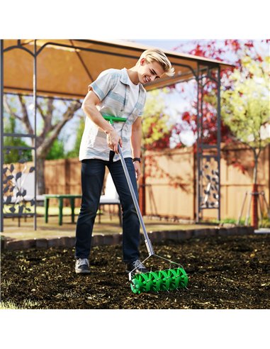 Outsunny Rolling Lawn Aerator, Manual Grass Spike Roller, Heavy Duty Garden Aerator with 3 Piece Detachable Handle and T-bar Gri