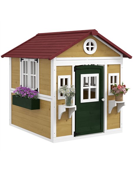 Outsunny Wooden Playhouse with Doors, Windows, Plant Pots, Boxes, for 3-8 Years - Beige - pic 157083 | FastDaddyshop
