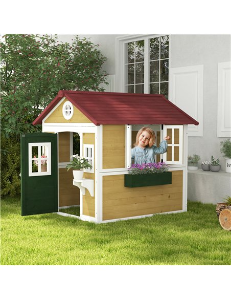 Outsunny Wooden Playhouse with Doors, Windows, Plant Pots, Boxes, for 3-8 Years - Beige - pic 157084 | FastDaddyshop