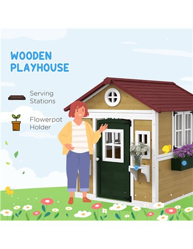 Outsunny Wooden Playhouse with Doors, Windows, Plant Pots, Boxes, for 3-8 Years - Beige
