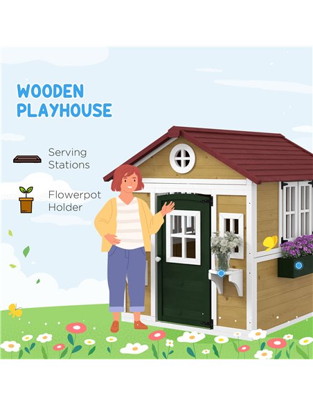 Outsunny Wooden Playhouse with Doors, Windows, Plant Pots, Boxes, for 3-8 Years - Beige - pic 157086 | FastDaddyshop