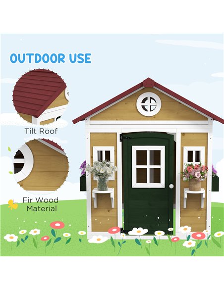 Outsunny Wooden Playhouse with Doors, Windows, Plant Pots, Boxes, for 3-8 Years - Beige - pic 157087 | FastDaddyshop