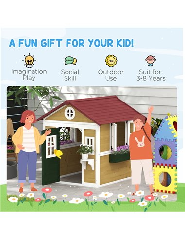 Outsunny Wooden Playhouse with Doors, Windows, Plant Pots, Boxes, for 3-8 Years - Beige