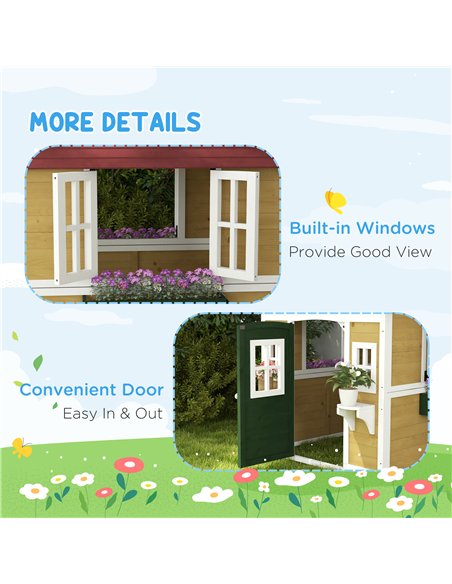Outsunny Wooden Playhouse with Doors, Windows, Plant Pots, Boxes, for 3-8 Years - Beige - pic 157089 | FastDaddyshop
