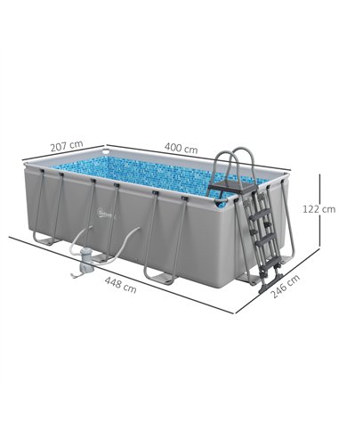 Outsunny Rectangle Steel Frame Swimming Pool with Ladder and Pump - Grey
