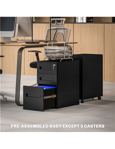 Vinsetto Metal Mobile File Cabinet with Wheels, Lockable 3 Drawer Filing Cabinet for A4, Legal, Letter, Compact Under Desk Stora
