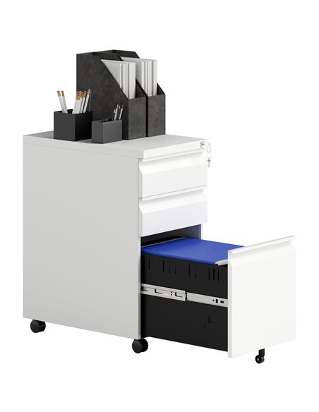 Vinsetto 3-Drawer Steel Filing Cabinet with Lock and Wheels - White - pic 157254 | FastDaddyshop