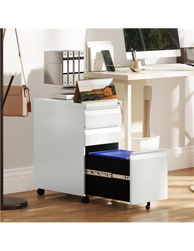Vinsetto 3-Drawer Steel Filing Cabinet with Lock and Wheels - White
