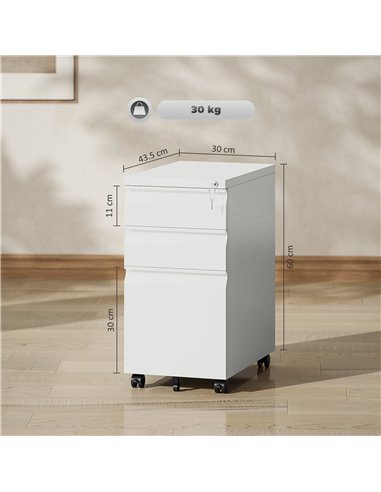 Vinsetto 3-Drawer Steel Filing Cabinet with Lock and Wheels - White