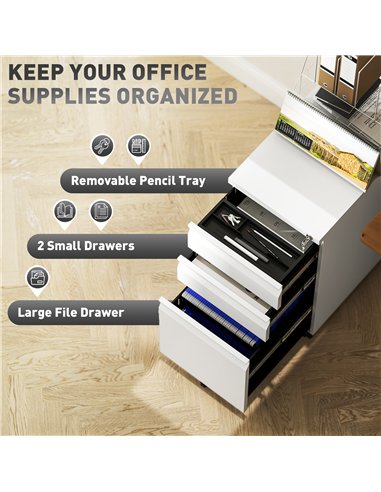 Vinsetto 3-Drawer Steel Filing Cabinet with Lock and Wheels - White