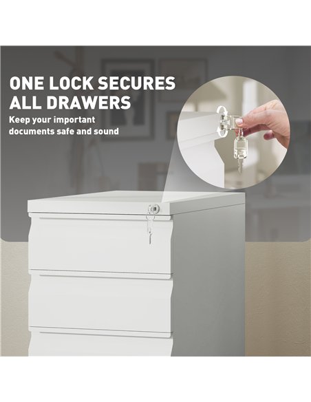 Vinsetto 3-Drawer Steel Filing Cabinet with Lock and Wheels - White - pic 157259 | FastDaddyshop