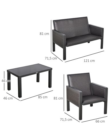 Outsunny 4-Seater Aluminum PE Rattan Wicker Sofa Set Outdoor Conservatory Furniture Lawn Patio Coffee Table, Deep Grey