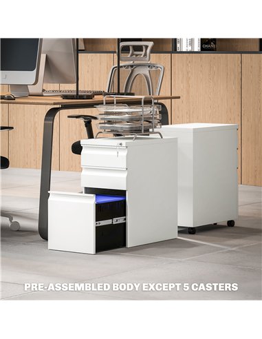 Vinsetto 3-Drawer Steel Filing Cabinet with Lock and Wheels - White