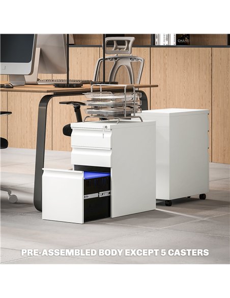 Vinsetto 3-Drawer Steel Filing Cabinet with Lock and Wheels - White - pic 157261 | FastDaddyshop