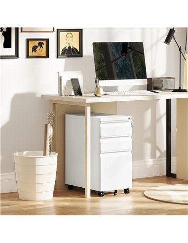 Vinsetto 3-Drawer Steel Filing Cabinet with Lock and Wheels - White