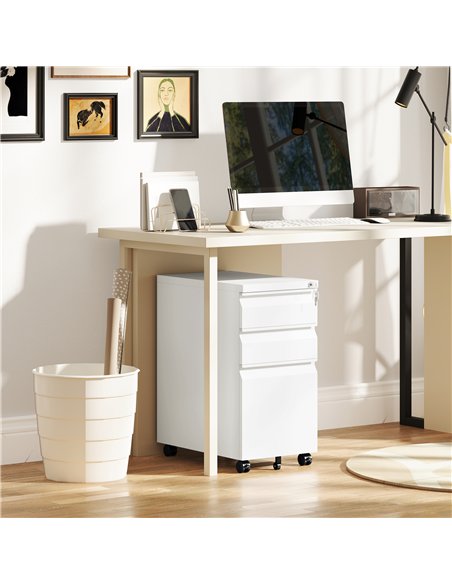Vinsetto 3-Drawer Steel Filing Cabinet with Lock and Wheels - White - pic 157262 | FastDaddyshop
