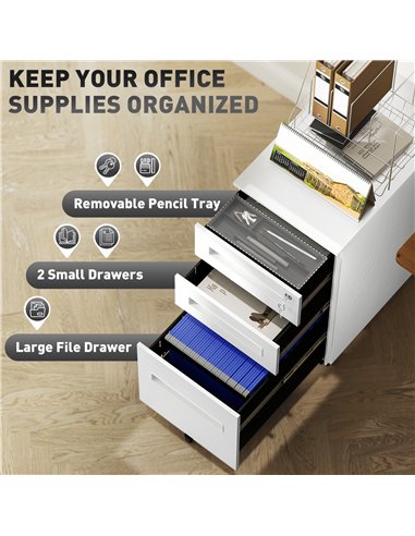 Vinsetto Metal Mobile File Cabinet with Wheels, Lockable 3 Drawer Filing Cabinet for A4, Legal, Letter, Compact Under Desk Stora