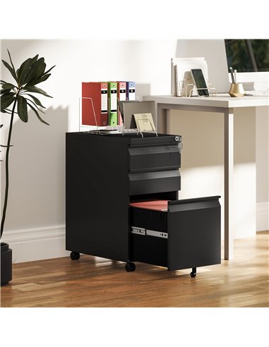 Vinsetto 3-Drawer Steel Filing Cabinet with Lock and Wheels - Black