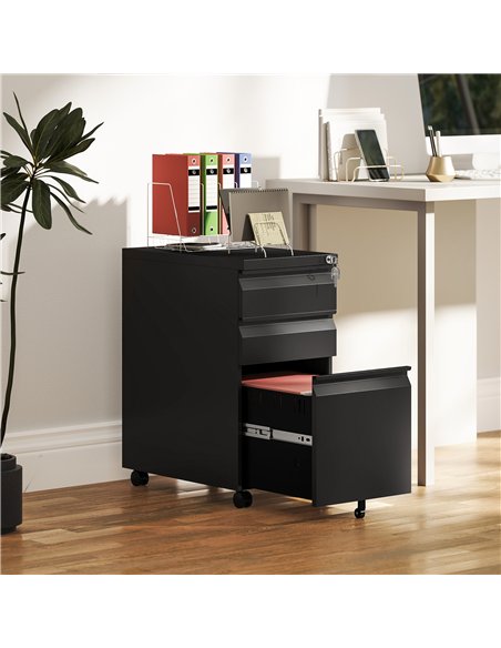 Vinsetto 3-Drawer Steel Filing Cabinet with Lock and Wheels - Black - pic 157273 | FastDaddyshop