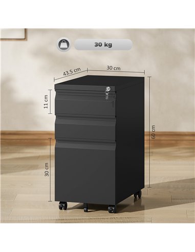 Vinsetto 3-Drawer Steel Filing Cabinet with Lock and Wheels - Black