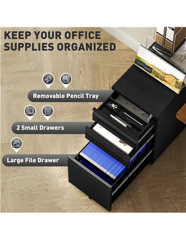 Vinsetto 3-Drawer Steel Filing Cabinet with Lock and Wheels - Black
