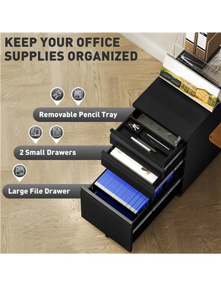 Vinsetto 3-Drawer Steel Filing Cabinet with Lock and Wheels - Black - pic 157275 | FastDaddyshop