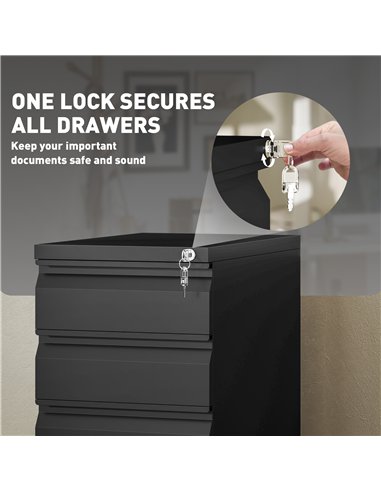 Vinsetto 3-Drawer Steel Filing Cabinet with Lock and Wheels - Black