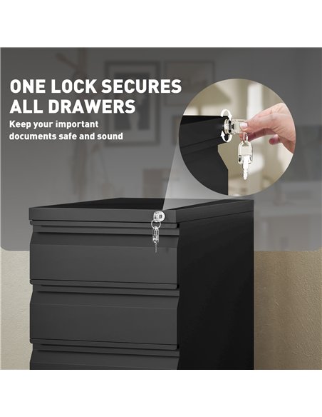 Vinsetto 3-Drawer Steel Filing Cabinet with Lock and Wheels - Black - pic 157277 | FastDaddyshop
