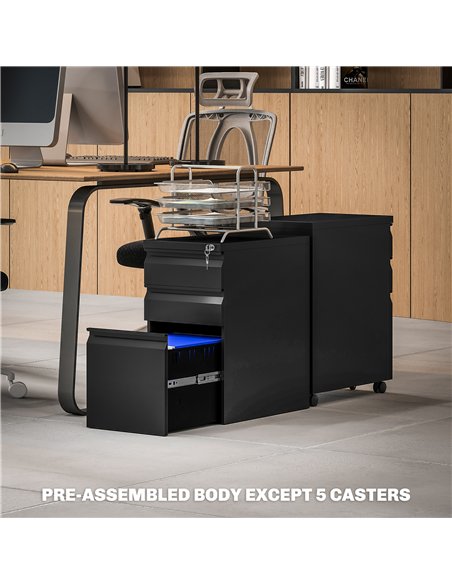 Vinsetto 3-Drawer Steel Filing Cabinet with Lock and Wheels - Black - pic 157279 | FastDaddyshop