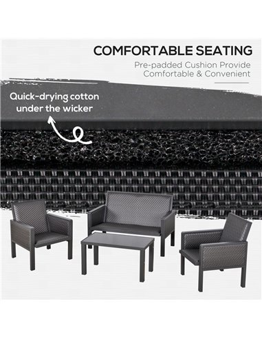 Outsunny 4-Seater Aluminum PE Rattan Wicker Sofa Set Outdoor Conservatory Furniture Lawn Patio Coffee Table, Deep Grey