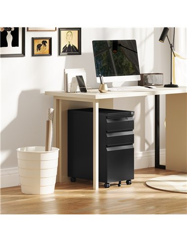 Vinsetto 3-Drawer Steel Filing Cabinet with Lock and Wheels - Black