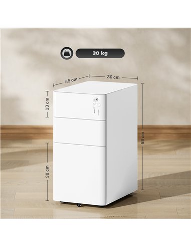 Vinsetto 3-Drawer Steel Filing Cabinet with Lock - White