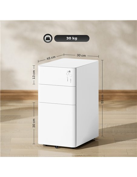 Vinsetto 3-Drawer Steel Filing Cabinet with Lock - White - pic 157283 | FastDaddyshop