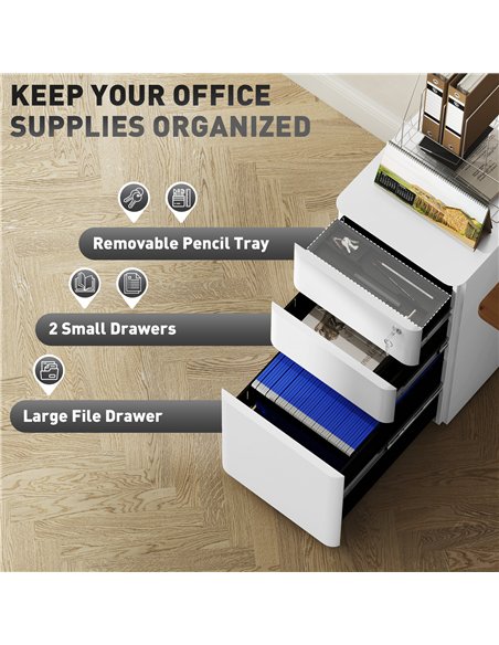 Vinsetto 3-Drawer Steel Filing Cabinet with Lock - White - pic 157284 | FastDaddyshop