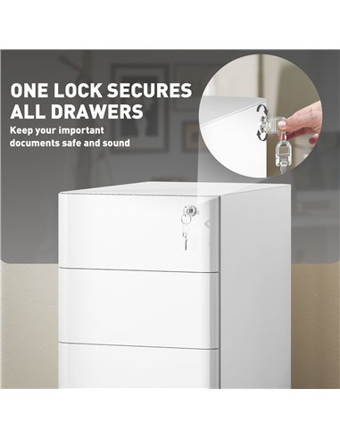Vinsetto 3-Drawer Steel Filing Cabinet with Lock - White