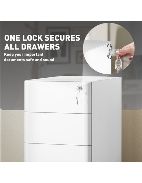 Vinsetto 3-Drawer Steel Filing Cabinet with Lock - White - pic 157286 | FastDaddyshop