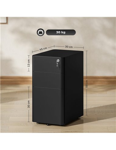 Vinsetto 3-Drawer Steel Filing Cabinet with Lock - Black