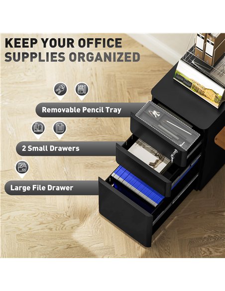 Vinsetto 3-Drawer Steel Filing Cabinet with Lock - Black - pic 157293 | FastDaddyshop