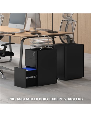 Vinsetto 3-Drawer Steel Filing Cabinet with Lock - Black