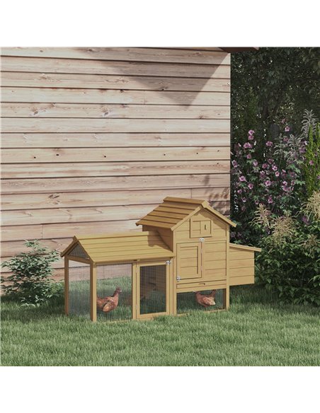 PawHut Small Chicken Coop with Run Hen House Poultry Coops Cages Nesting Box Wood 150.5 x 54 x 87cm - pic 157309 | FastDaddyshop