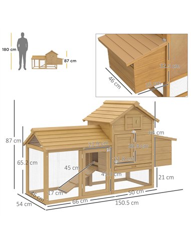 PawHut Small Chicken Coop with Run Hen House Poultry Coops Cages Nesting Box Wood 150.5 x 54 x 87cm