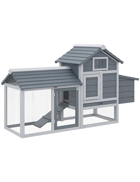 PawHut Small Chicken Coop with Run Hen House Poultry Coops Cages Nesting Box Grey 150.5 x 54 x 87cm - pic 157317 | FastDaddyshop