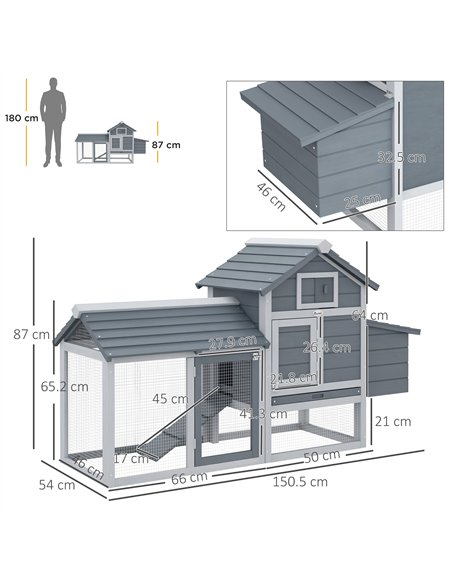 PawHut Small Chicken Coop with Run Hen House Poultry Coops Cages Nesting Box Grey 150.5 x 54 x 87cm - pic 157319 | FastDaddyshop