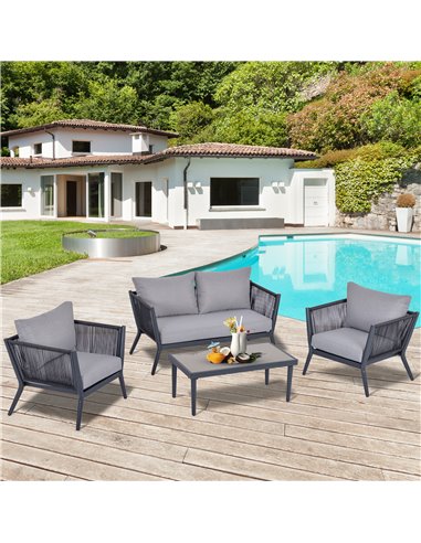Outsunny 4 PCs PE Rattan Wicker Sofa Set with Coffee Table and Cushion, Deep Grey