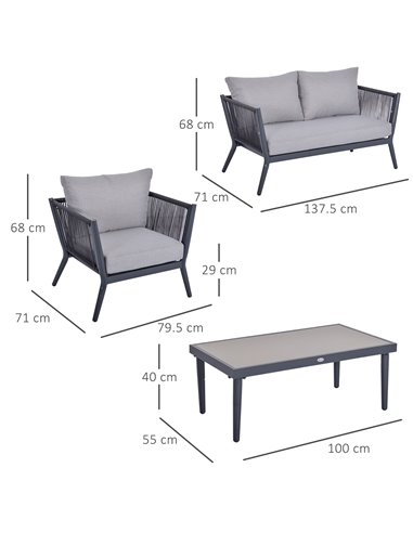 Outsunny 4-Seater PE Rattan Wicker Sofa Set Outdoor Conservatory Furniture Lawn Patio Coffee Table w/ Cushion Deep Grey